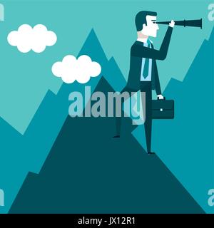 Geschäftsmann auf den Gipfel des Berges mit Teleskop auf der Suche nach Erfolg Chancen Zukunft business Vector Illustration Stock Vektor
