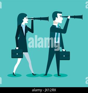 Unternehmer und Business Frau mit Spy Glasses für eine erfolgreiche Zusammenarbeit Vector Illustration Stock Vektor