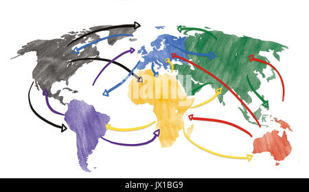 Konzept für die Globalisierung und die weltweite Vernetzung mit gezogenen Pfeile. Stockfoto
