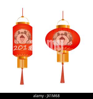 Satz von orange Chinesische Laternen mit einem Porträt von einem Hund. 2018. Runden und zylindrischen Formen. Isoliert. Abbildung Stock Vektor