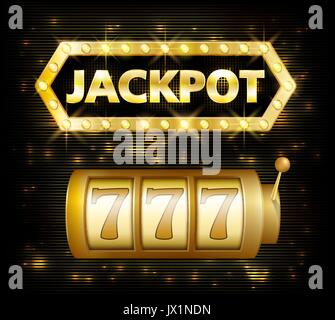 Jackpot Casino lotto label Hintergrund unterzeichnen. Casino Jackpot 777 spielen Sieger mit Text leuchtendes Symbol isoliert auf Weiss. Vector Illustration Stock Vektor