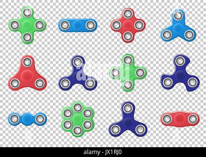 Satz farbiger Hand Spinner realistische Vector Illustration. Hand spinner Tricks auf transparentem Hintergrund isoliert Stock Vektor