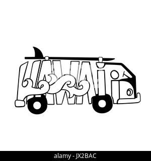 Schwarz und Weiß Hawaii surfen Drucken. Handdrawn Schriftzug mit einem Minivan. Vektor bus Abbildung. Stock Vektor