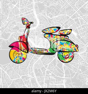 Italienische Oldtimer Roller auf Vektor Stadtplan von Rom, bunte Symbol für jede gedruckte oder Social Media reisen Symbol Stock Vektor