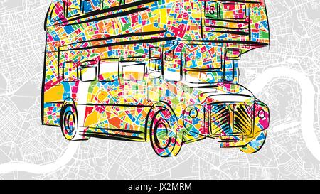 Handdrawn London Bus in bunten städtischen Stadtplan, schöne reisen Sehenswürdigkeiten Symbol für die Begrüßung von gedruckten Karten und soziale Medien Stock Vektor