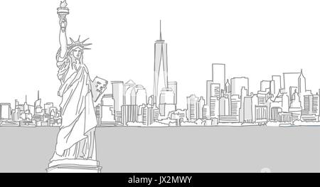 New York und die Freiheitsstatue Vector Illustration, Handdrawn Umrisse Bild in hellen Tönen Graustufen Stock Vektor