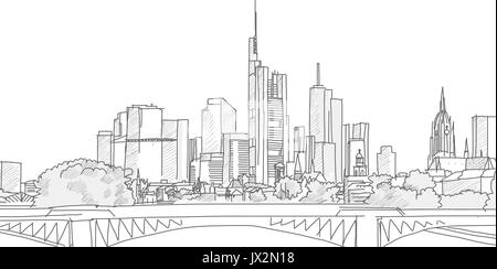 Hand Frankfurter Skyline Panorama Skizze gezeichnet. Vector Illustration. Grau Anschläge auf weißem Hintergrund Stock Vektor
