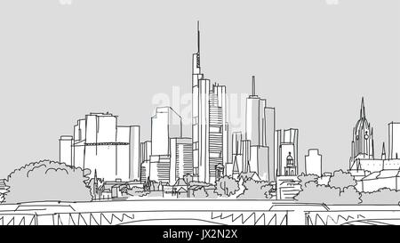 Frankfurt Main Panorama Wahrzeichen, gefüllt Vektor Skizze auf grauem Hintergrund Stock Vektor