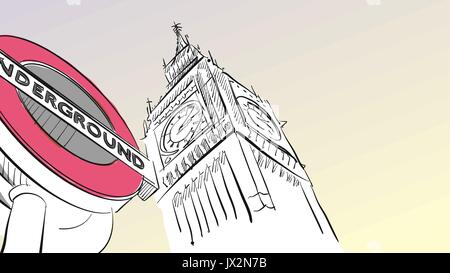 Farbige Big Ben und U-Schild, handdrawn Vektor Skizze, Fokus auf Big Ben Stock Vektor