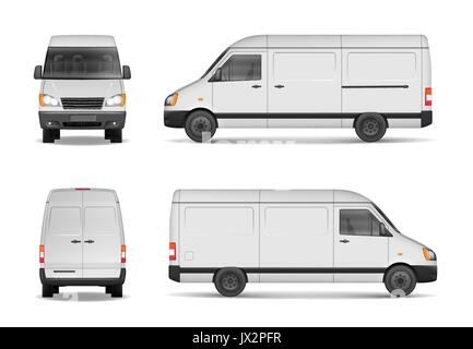 Isolierte kommerzielle Auslieferung Fahrzeug eingestellt. Weiß van vector Template für Auto Branding und Werbung. Mini Bus von Seite, Rückseite, Ansicht von vorne. Vektor Stock Vektor