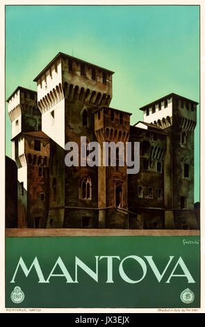 'Mantova' (Mantua) 1930er Jahre Tourismus Poster mit Burg San Giorgio. Kunstwerke von Guerrini für Ferrovie dello Stato (FS-Italienischen Staatsbahnen) und ENIT (Agenzia Nazionale del Turismo - italienischer Tourist Board). Stockfoto