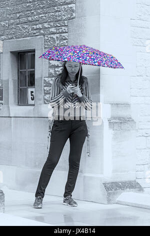 Frau mit Handy-Schutz unter einem Regenschirm an einem regnerischen Tag in Oxford, Oxfordshire UK im August - monochrom mit Regenschirm Farbe aufgetaucht Stockfoto