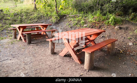 Holz- Bank und Tisch im Wald Stockfoto