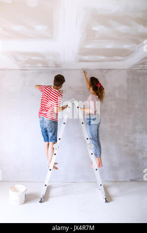 Schöne junge Paar stehend auf Leiter Malerei Wände in Ihrem neuen Haus mit Pinsel. Home Makeover und Sanierungskonzept. Ansicht von hinten. Stockfoto