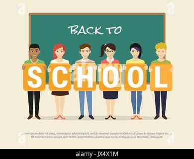 Zurück zu Schule flachbild Vector Illustration der glücklichen Schülerinnen und Schüler in der Schule Klasse in der Nähe von Chalk Schreibtisch mit großen Buchstaben Schule Stock Vektor