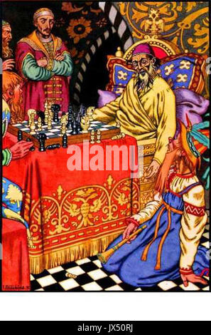 Ivan Bilibin, bekannt für seine unverwechselbaren Illustrationen und Bühnenbilder, schuf Kunstwerke, die an russische Folklore und Geschichte erinnern und oft traditionelle Motive mit modernem künstlerischen Ausdruck kombinieren. Stockfoto