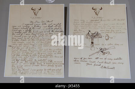 Illustrierter Brief von Charles M Russell nach Granville Stuart, mit J Frank Dobie der eingegebenen Notizen, 1916 Harry Ransom Center der Universität von Texas in Austin DSC 08512 Stockfoto