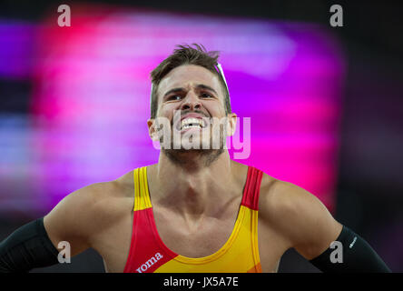 London, Großbritannien. 13 Aug, 2017. Oscar Husillos Spaniens nach der Männer 4x400m-Relais 5. Platz in der Endrunde bei der abschließenden Tag der IAAF Leichtathletik WM (Tag 10) bei den Olympischen Park, London, England am 13. August 2017. Foto von Andy Rowland/PRiME Media Bilder. Credit: Andrew Rowland/Alamy leben Nachrichten Stockfoto