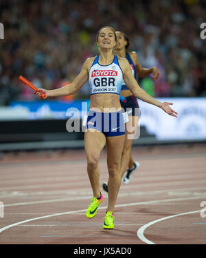 London, Großbritannien. 13 Aug, 2017. Emily Diamond von Großbritannien Anker ihr Team Silber bei den Frauen 4x400m Staffel Finale bei den Olympischen Park, London, England am 13. August 2017 während der letzten Tage des IAAF Leichtathletik WM (Tag 10). Foto von Andy Rowland/PRiME Media Bilder. Credit: Andrew Rowland/Alamy leben Nachrichten Stockfoto