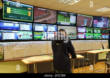 London, Großbritannien. 4 Aug, 2017. Einen Kunden in eine Paddy Power Sportwetten shop in London, UK, 4. August 2017. Foto: Kathrin Kasper/dpa/Alamy leben Nachrichten Stockfoto