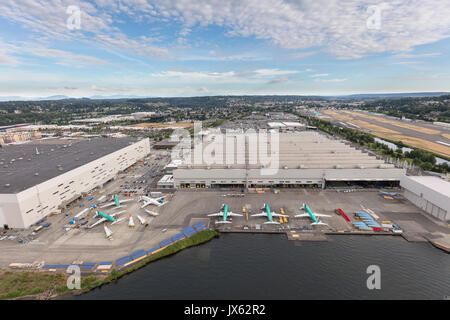 Luftaufnahme von Boeing 737 MAX Flugzeuge bei Boeing Fabrik, Renton, Washington State, USA Stockfoto