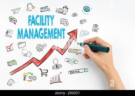 Facility Management Konzept. Hand mit Marker schreiben. Stockfoto