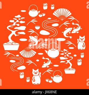 Niedliche Vektor-Illustration mit Bonsai-Baum, minimale Steingarten, japanischer glückliche Katze Maneki Neko, Koi Karpfen und andere in einem Kreis angeordnet. Reise- und le Stock Vektor