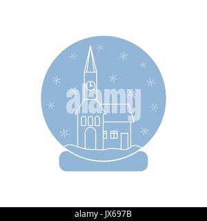 Vector Abbildung: Rathaus mit Uhr und das Haus innen Glaskugel mit Schnee. Design Element für Postkarte, Einladung, Banner oder Flyer i Stock Vektor