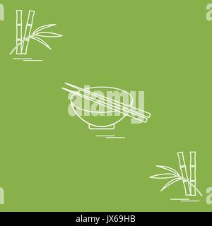 Stilisierte Ikone der Schüssel mit Stäbchen und Bambus. Asiatische Spezialitäten-Restaurant. Design für Poster oder Druck. Stock Vektor