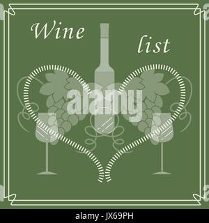 Niedliche Vektor-Illustration der Flasche Wein, Gläser, Trauben und Herz im Rahmen. Weinhandel. Shop, Bar, Restaurant, Weinkeller, Weinproben, Liste oder ev Stock Vektor