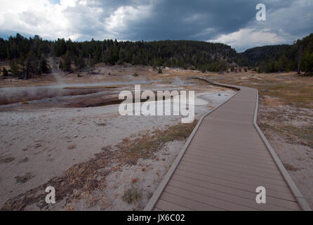 Holzsteg führt zu Firehole Lake in der Unteren Geyser Basin im Yellowstone National Park in Wyoming United States Stockfoto