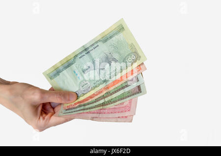 Frau mit Nepal Rupien Banknoten in Ihrer Hand Stockfoto