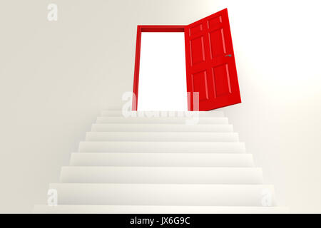 Treppe zum roten Tür Bild, 3D-Rendering Stockfoto