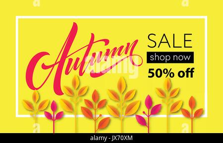 Herbst verkauf Hintergrund Design mit bunten Papier schneiden Blätter im Herbst. Vector Illustration Stock Vektor