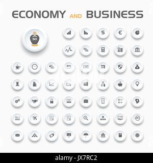 50 Wirtschaft und Business Symbole auf den Schaltflächen und weißem Hintergrund Stock Vektor