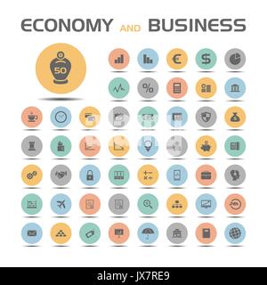 50 Wirtschaft und Business Icons auf farbige Schaltflächen mit Schatten Stock Vektor