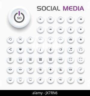 50 social media Icons auf Tasten und weißem Hintergrund Stock Vektor
