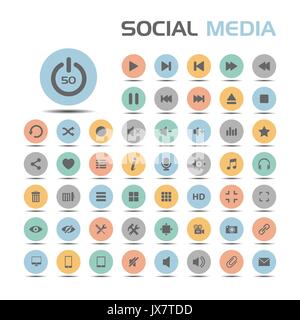 50 social media Icons auf farbigen Tasten und weißem Hintergrund Stock Vektor