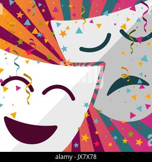 Karneval Masken mit Konfetti und luftschlangen Sterne auf farbigem Hintergrund Stock Vektor