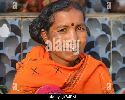 Indische Adivasi-Frau mit zwei Nasenbolzen und Schmuck aus Septumnasen lächelt für die Kamera. Stockfoto