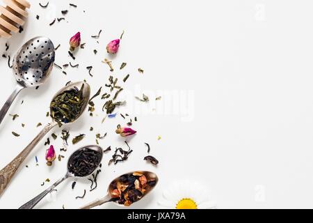 Vielzahl von getrockneten Tee, getrocknete Kräuter, Grün, Schwarz- und Früchtetee auf vintage Silberbesteck Teelöffel über weißen Hintergrund mit Kopie Raum negative Spa Stockfoto