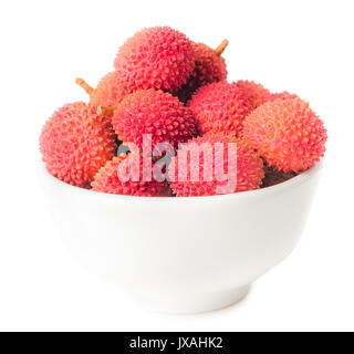 Süße lychees Früchte in der Schüssel auf weißem Hintergrund. Stockfoto