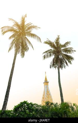 Coconut Palm Tree. der Tempel von Phra That Phanom Stupa, eines der wichtigsten buddhistischen Strukturen in der Provinz Nakhon Phanom Thailand Stockfoto