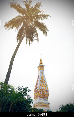 Coconut Palm Tree. der Tempel von Phra That Phanom Stupa, eines der wichtigsten buddhistischen Strukturen in der Provinz Nakhon Phanom Thailand Stockfoto