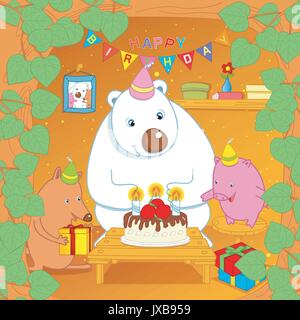 Bär und Fuchs und Schwein ist Geburtstag, niedliche Tier Freunde Geburtstag Stock Vektor