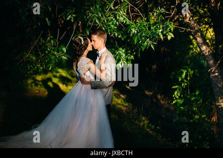 Der Bräutigam die Braut in ihre Arme in der Nähe von schönen See im Wald. Hochzeit paar in Liebe am Hochzeitstag Stockfoto