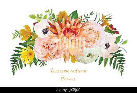 Blume luftig lockere Kranz Bouquet von Pink Garden Rose gelb Primrose Orange Dahlie Blumen anemone Wald fern grüne Blätter Eukalyptus grün Weddin Stock Vektor