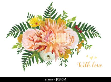 Blume luftig lockere Kranz Bouquet von Pink Garden Rose gelb Primrose Orange Dahlie Blumen anemone Wald fern grüne Blätter Eukalyptus grün Weddin Stock Vektor