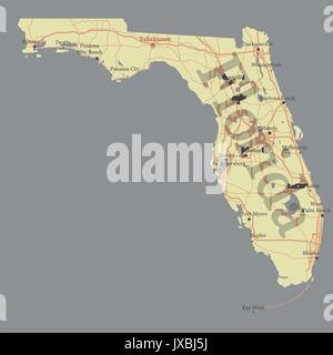 Florida detaillierte genaue detaillierte Staatliche Vektorkarte mit Hilfe der Gemeinschaft und Aktiviert Symbole Original gelb Abbildung mit den wichtigsten Straßen und Stadt l Stock Vektor