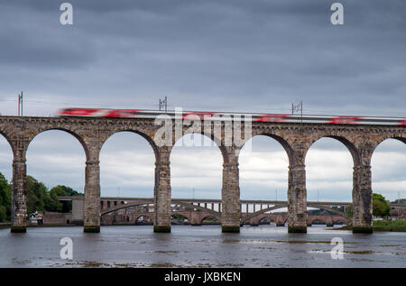 Bewegung verwischt Express Zug überquert die Royal Border Bridge Berwick upon Tweed, Northumbria England. Stockfoto